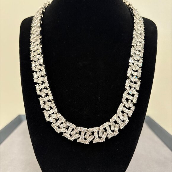 Iced Prong Link Necklace 12mm - Silver - Picture 1 of 2